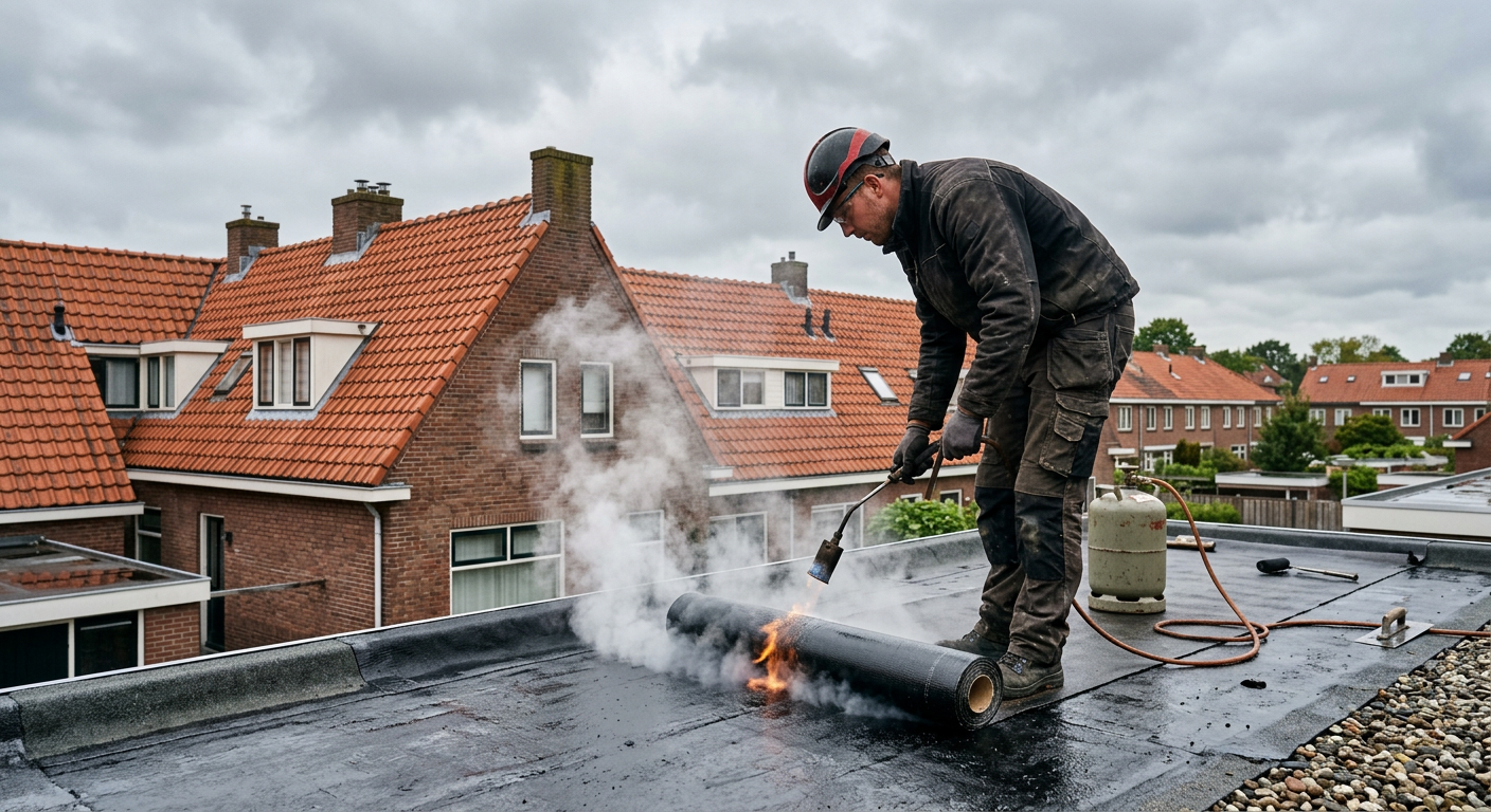 Dakdekker van Techniek Groep Twente voert bitumen dakbedekking werkzaamheden uit